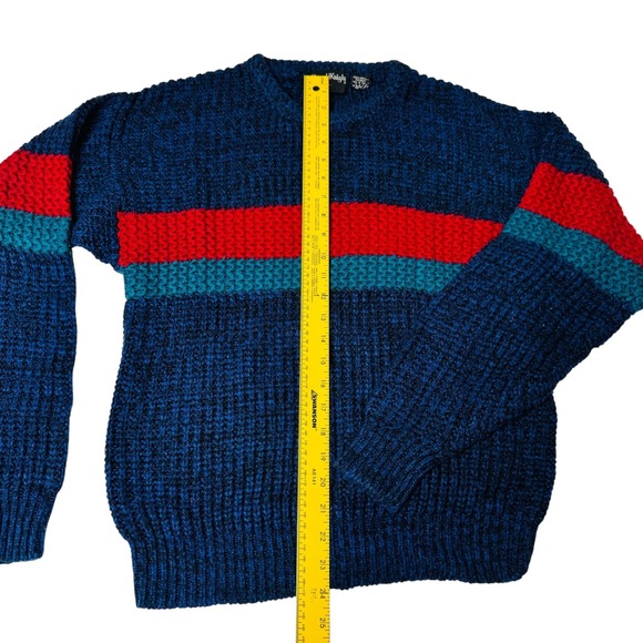 Royal Knight Sweater Mens S-M Blue Red Green Cable Knit Retro Striped Casual Vtg - Picture 3 of 8